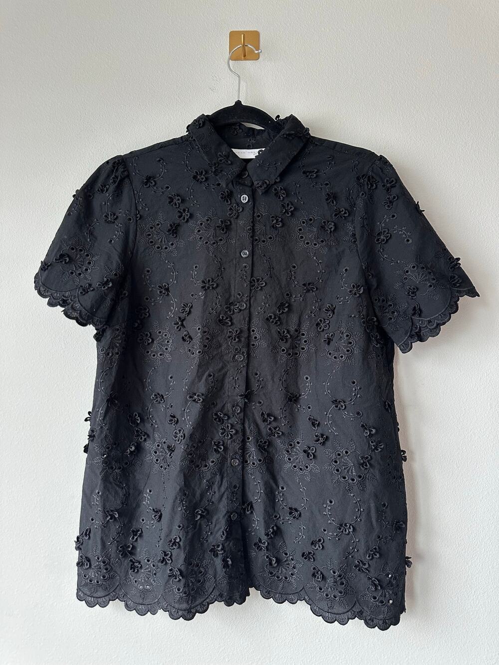 Black Eyelet Embroidered Floral Button Front Blouse Cottagecore Goth Top Size S